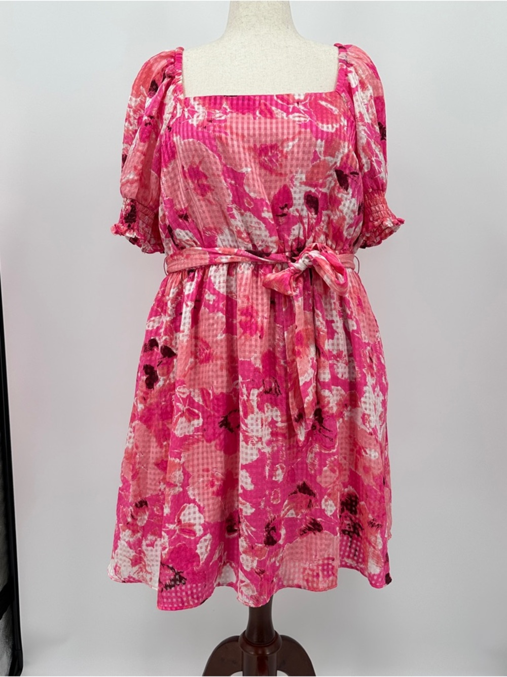 Lane Bryant Pink Floral Smocked Square-Neck Fit & Flare Dress Belted Midi Dress